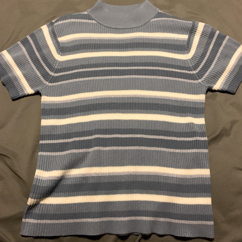 Studio Works Large blue, white, silver mock neck